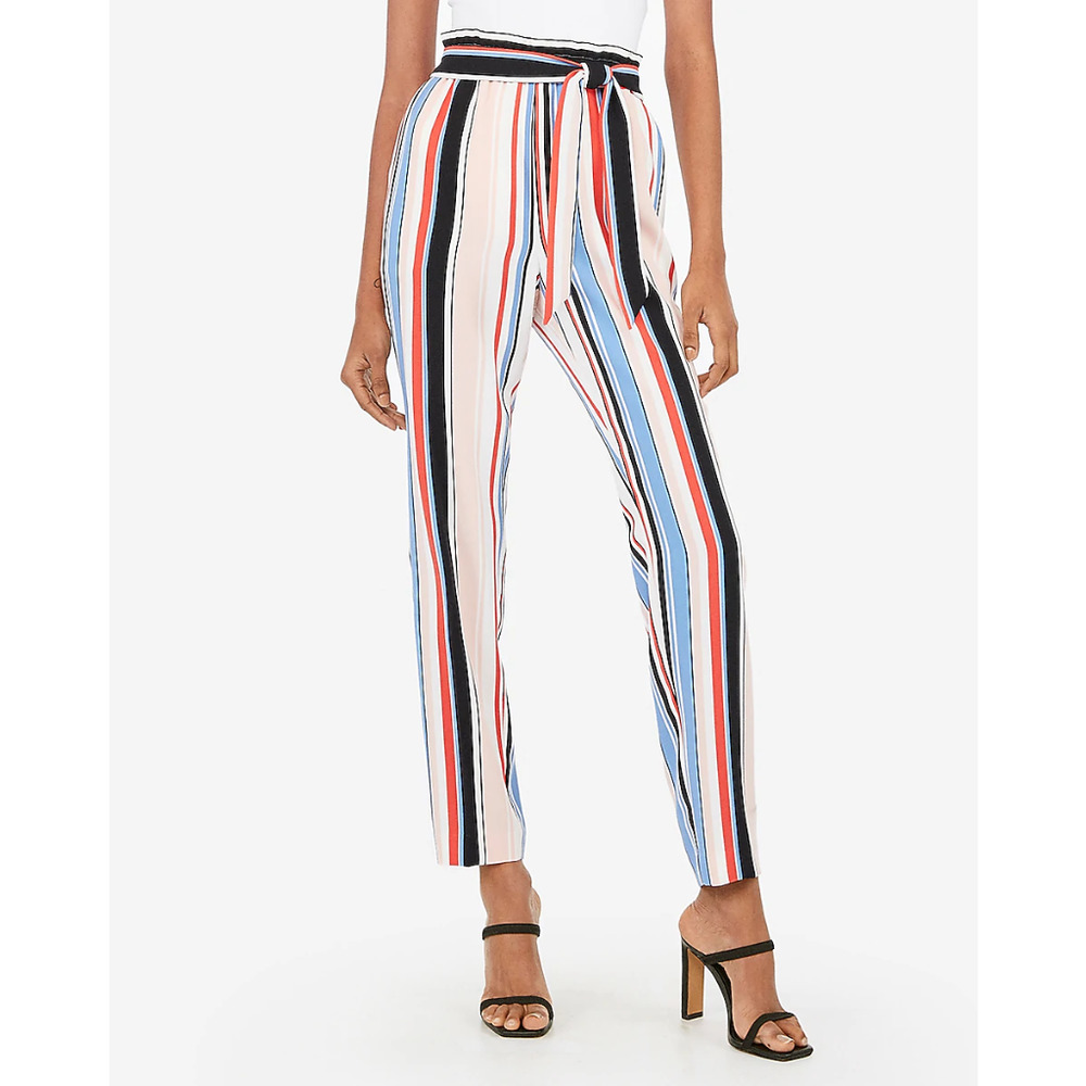 Express High Rise Belted Paperbag Ankle Pants Striped Multi XS